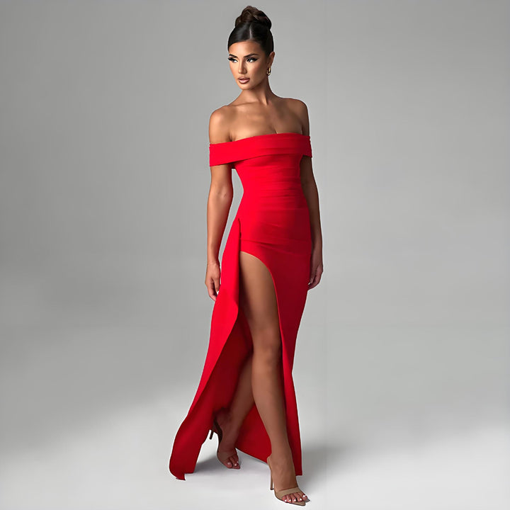 Damen Off-Shoulder Maxikleid mit elegantem Schlitz und figurformendem Schnitt Drune