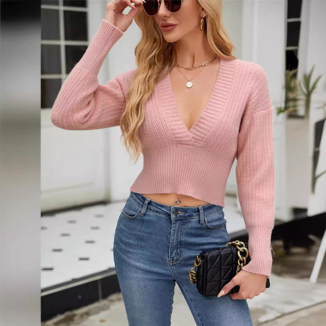 Damen modischer cropped Strickpullover mit tiefem V-Ausschnitt und weiten Ärmel Drune