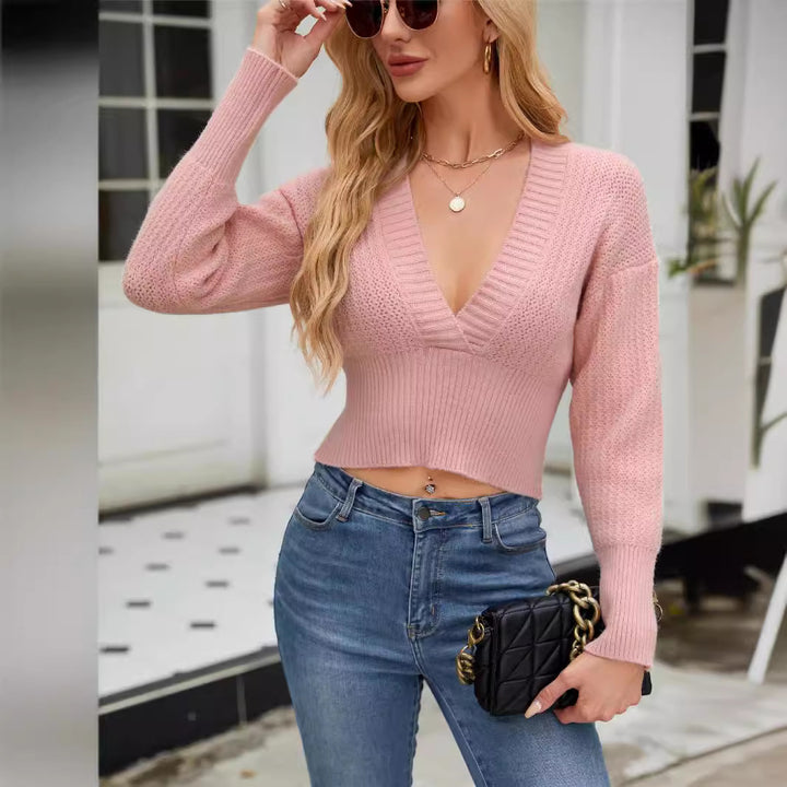 Damen modischer cropped Strickpullover mit tiefem V-Ausschnitt und weiten Ärmel Drune