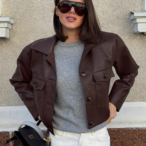 Damen Modische Kunstlederjacke mit cropped Schnitt und funktionellen Taschen Drune