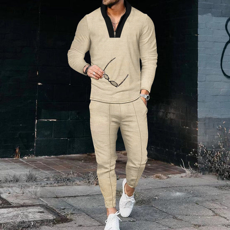Herren nan modernes Freizeit-Set Halbzip-Henleypullover mit Raglanärmeln und tapered Bügelfalten-Jogginghose Drune