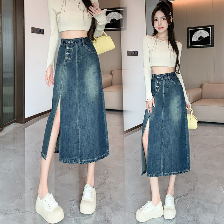 Damen Langer Denim-Rock mit Frontschlitz Drune