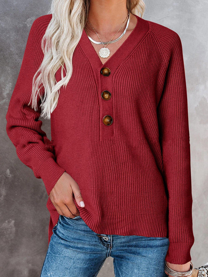Damen Gerippter Strickpullover mit V‑Ausschnitt, Zierknopfleiste und Ballonärmeln Drune