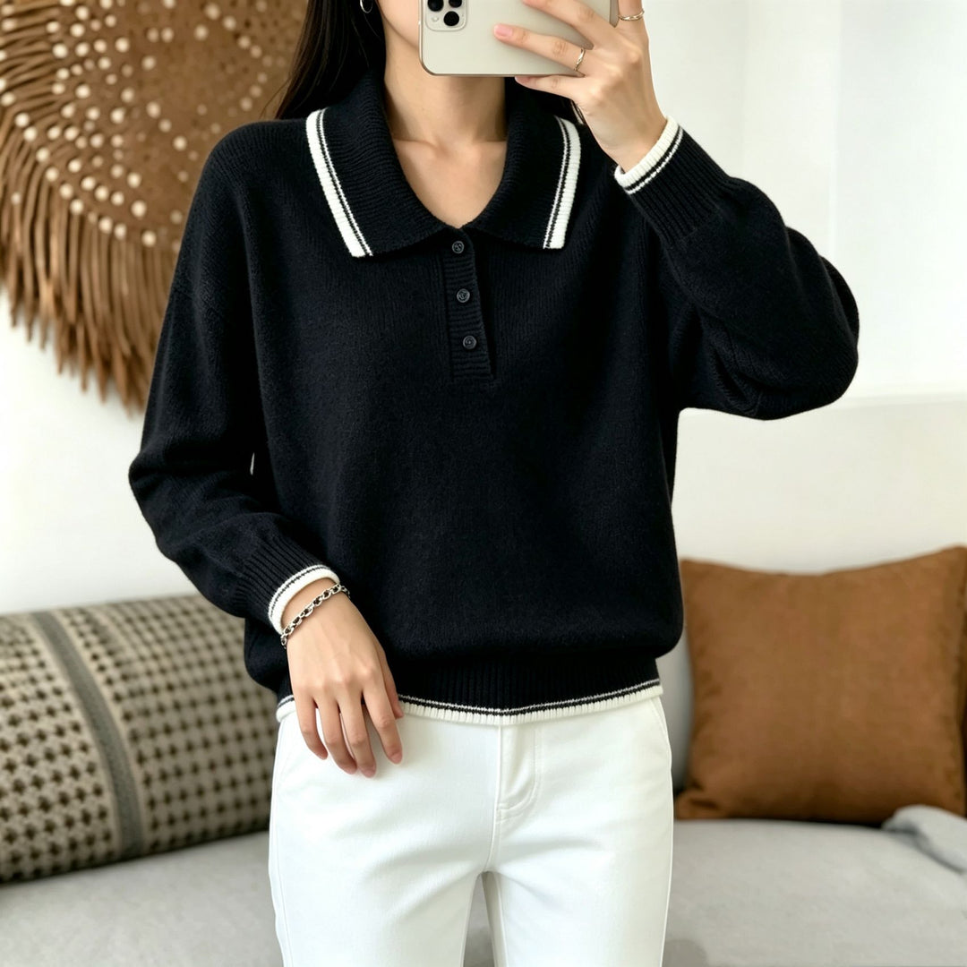 Damen Polokragen‑Strickpullover mit Knopfleiste und gerippten Bündchen Drune