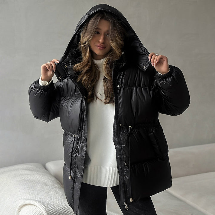 Damen Langer wattierter Parka mit Kapuze, Taillenzug und Oversize-Silhouette Drune