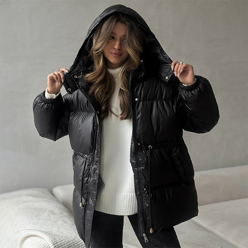 Damen Langer wattierter Parka mit Kapuze, Taillenzug und Oversize-Silhouette Drune