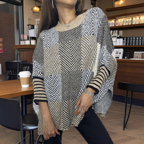 Damen asymmetrischer Strickpullover mit Zickzackmuster Drune