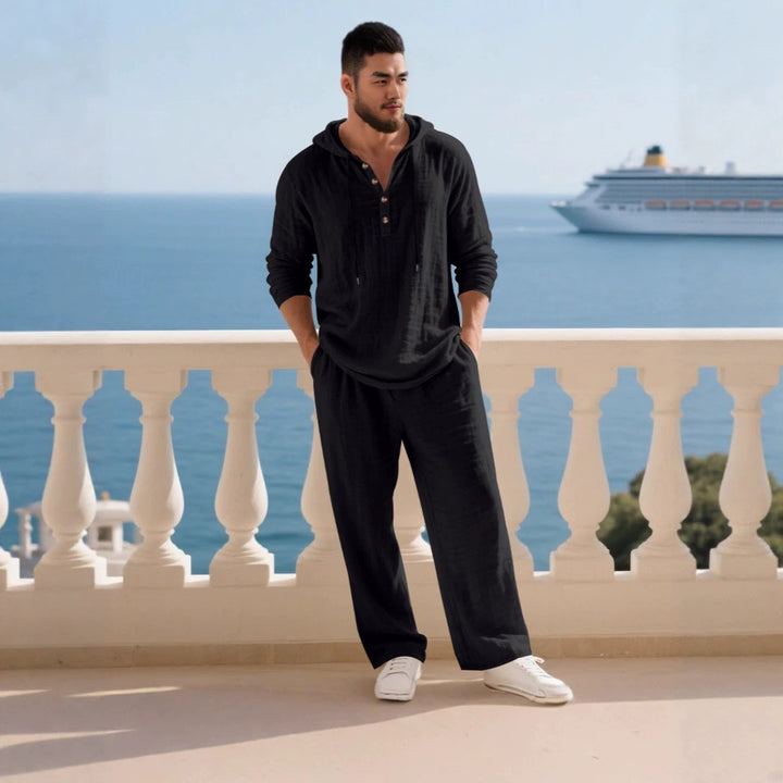 Herren nan lässiges Leinenzweiteiler-Set mit Kapuzenhemd im Henley-Stil und weiten Freizeit-Hosen Drune