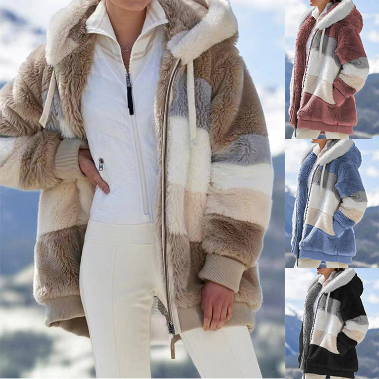 Damen nan oversized Kapuzenjacke aus Kunstfell mit Colourblock-Design, Zweiwege-Reißverschluss und Rippbündchen Drune