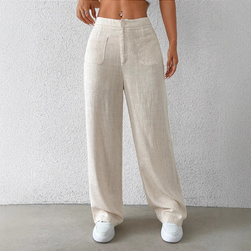 Damen Weit geschnittene Leinenhose mit elastischem Bund und praktischen Taschen Drune