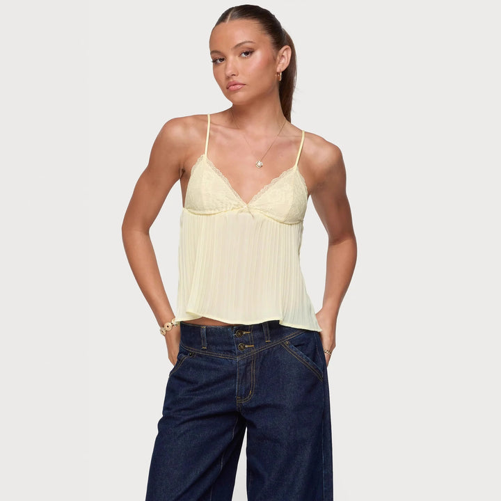 Damen Chiffon Top mit Spitzenakzenten und plissiertem Design Drune