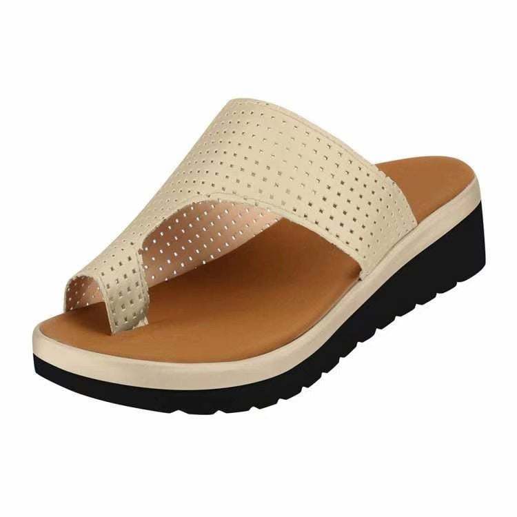 Damen nan lässige Zehensteg-Slipper mit gelochtem Soft-Obermaterial und dämpfender Keilsohle Drune