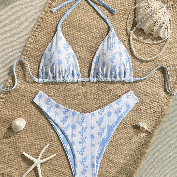 Damen Triangel-Bikini mit maritimem Muster und verstellbaren Bindebändern Drune
