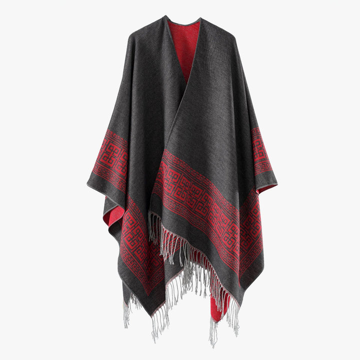 Damen Reversibler Wollmix‑Überwurf im Kimono‑Fall mit ornamentaler Bordüre und Zierfransen Drune