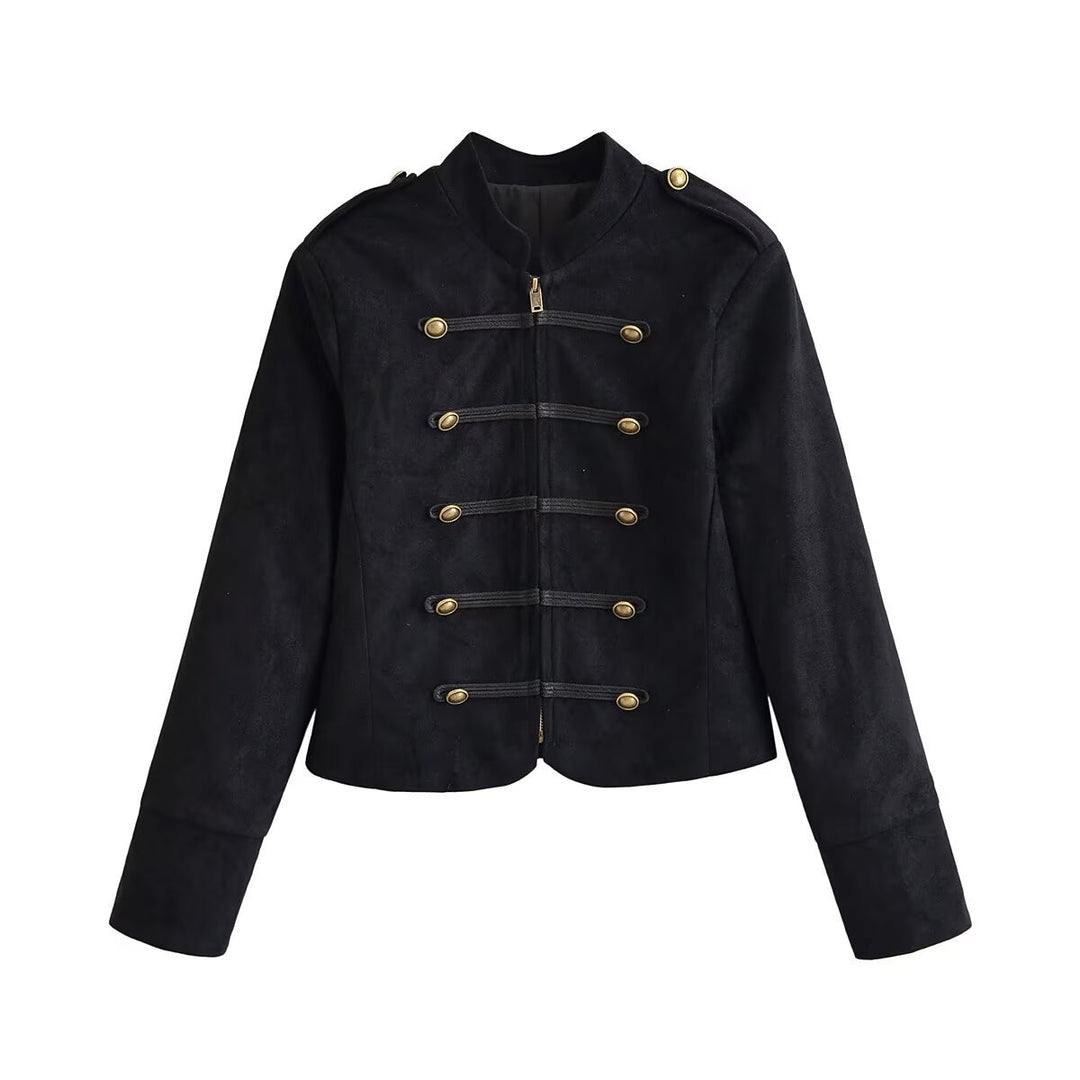 Damen Militärjacke kurz geschnitten mit Zierknöpfen und Stehkragen Drune