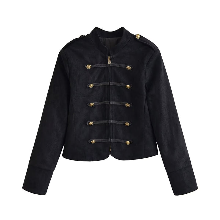 Damen Militärjacke kurz geschnitten mit Zierknöpfen und Stehkragen Drune