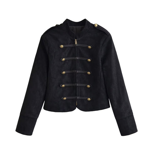 Damen Militärjacke kurz geschnitten mit Zierknöpfen und Stehkragen Drune