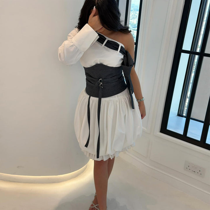Damen Off-Shoulder Kleid mit innovativem Taillenkorpus und voluminösem Rock Drune