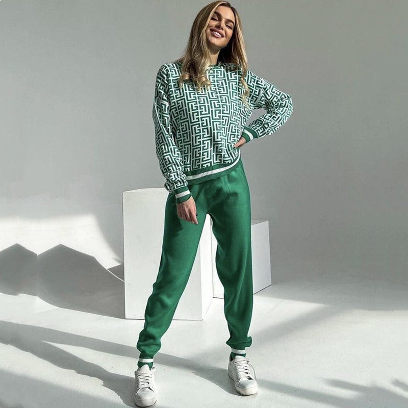 Damen modisches Strick-Loungewear-Set mit grafischem Muster Drune