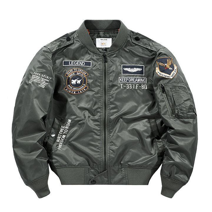 Herren Flight‑Bomberjacke mit Patch‑Applikationen, Ärmel‑Utilitytasche und orangefarbenem Innenfutter Drune