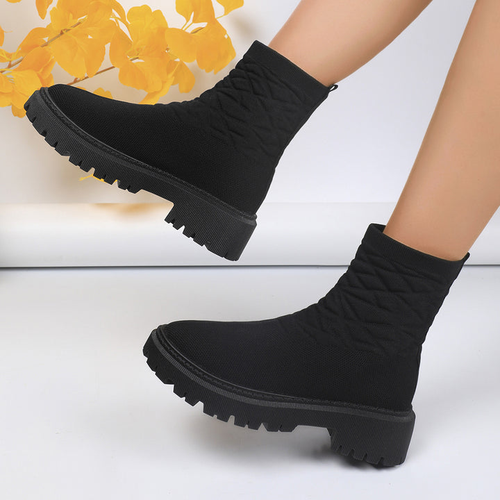 Damen Strick-Sockenboots mit geometrischer Stepp-Optik und klobiger Lug-Sohle Drune