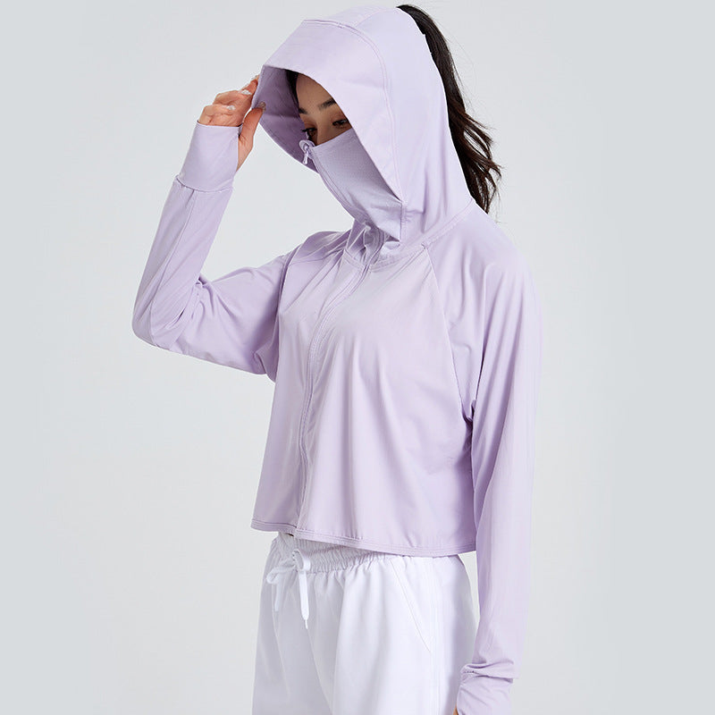 Damen Leichte Sportliche UV-Schutz-Kapuzenjacke mit kurzem Cropped‑Schnitt, Raglanärmeln & Daumenlöchern Drune
