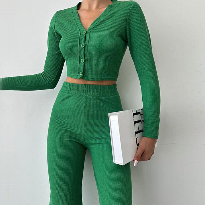 Damen modisches Cropped-Set mit langärmligem Oberteil und weiter Hose Drune