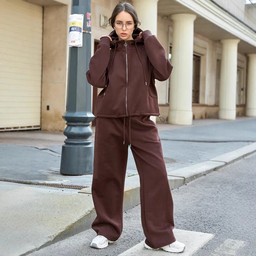 Damen Oversize-Zip-Hoodie mit Kängurutasche und hochgeschnittener Sweathose mit weiter Beinführung Set Drune