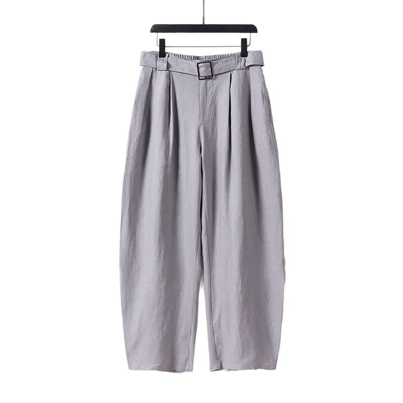 Damen Hochgeschnittene weite Leinenmix-Hose mit Bundfalten und Stoffgürtel Drune