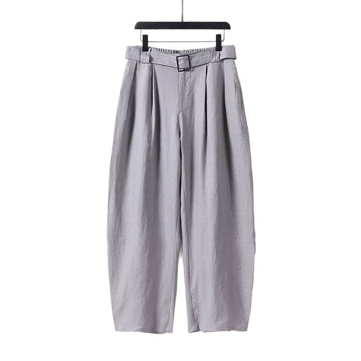 Damen Hochgeschnittene weite Leinenmix-Hose mit Bundfalten und Stoffgürtel Drune