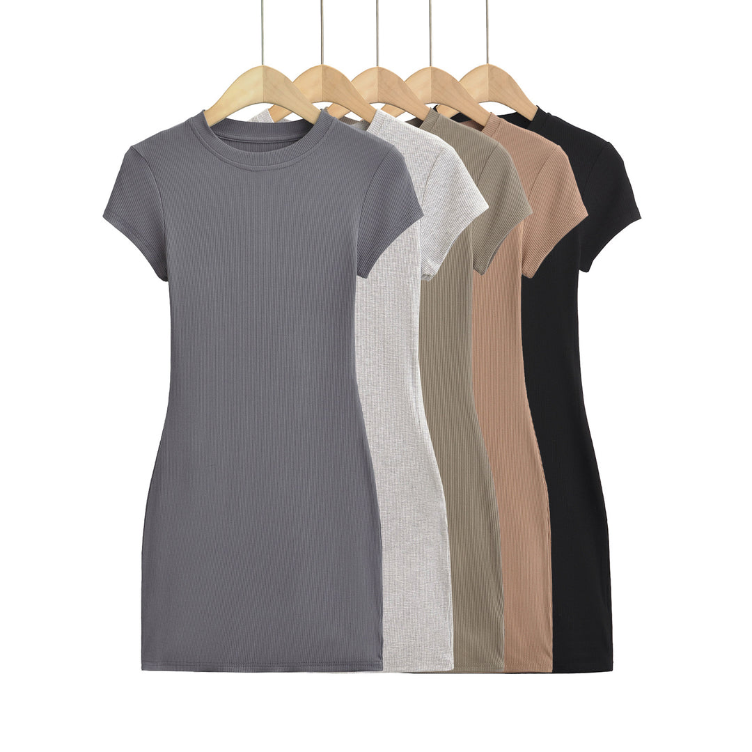 Damen figurbetontes T-Shirtkleid aus hochwertigem Stretchmaterial mit kurzem Arm Drune