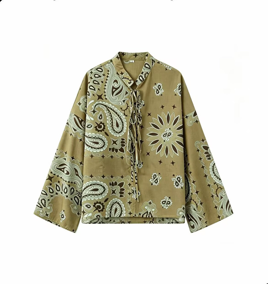 Damen Zweiteiliges Satinoptik-Lounge-Set mit Paisley-Print, Kimonokragen-Bluse und weiter Culotte-Hose Drune