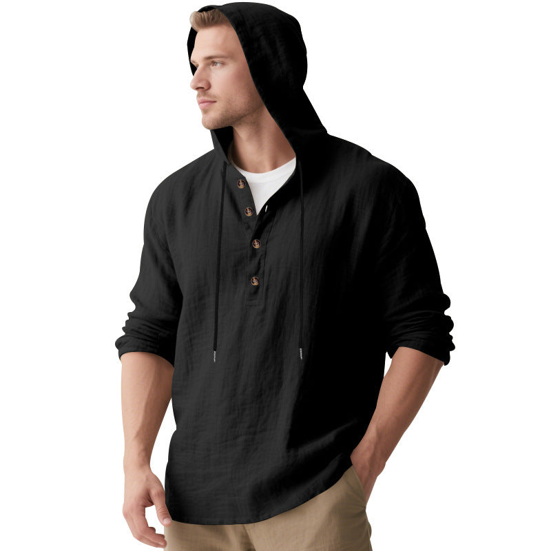 Herren nan lässiges Kapuzen-Henley Leinenmix Overshirt mit Kordelzug Drune