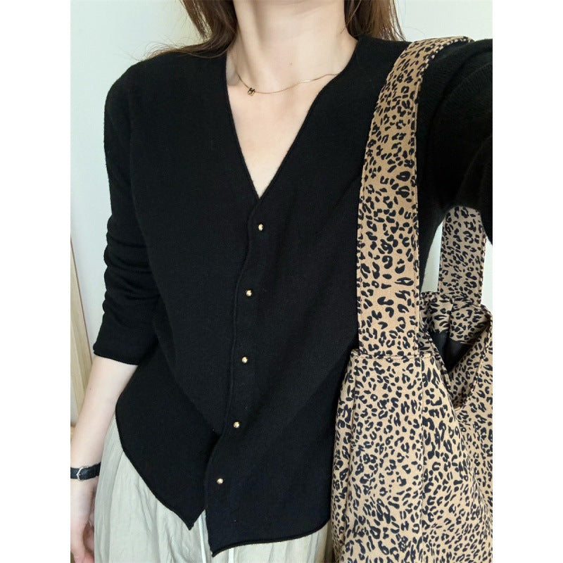 Damen modische Strickjacke mit vornem Knopfverschluss und V-Ausschnitt Drune