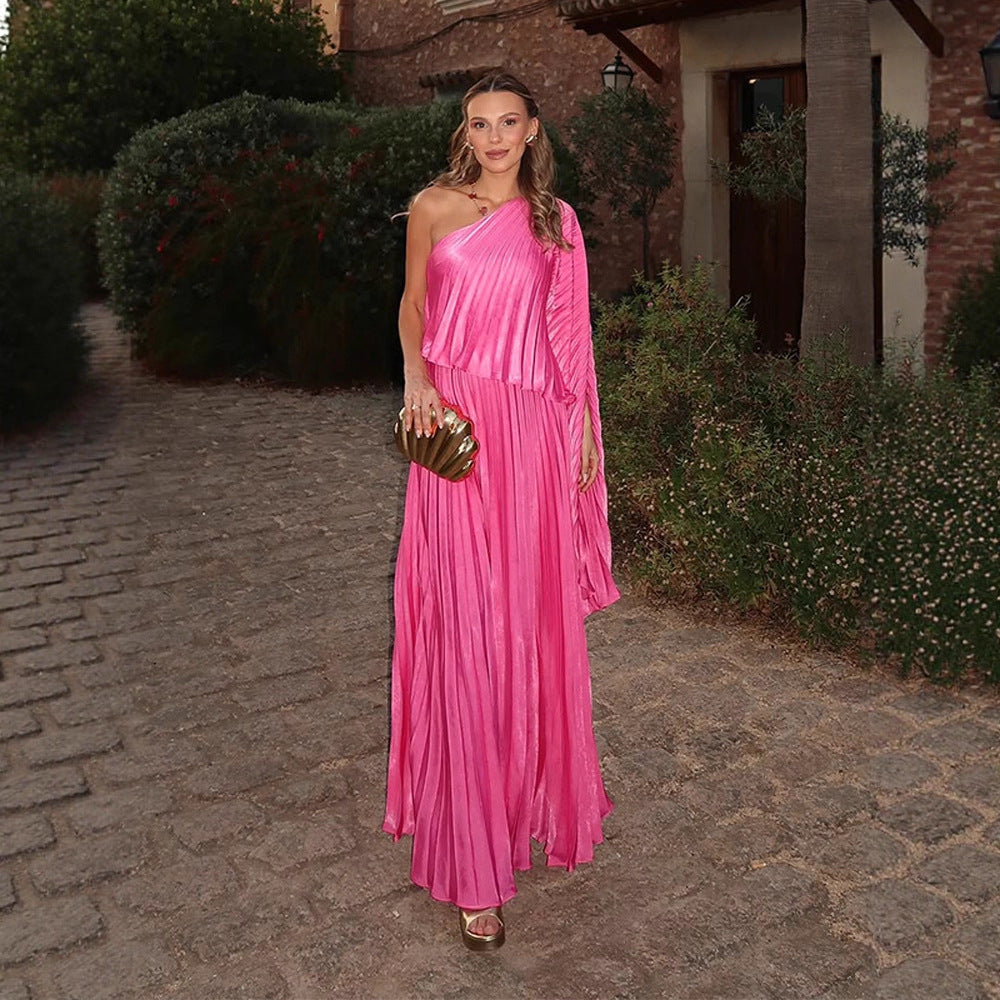 Damen Ein-Schulter Plissee-Maxikleid mit drapiertem Oberteil und weitem Volantrock Drune