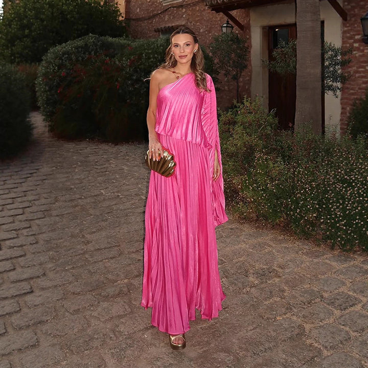 Damen Ein-Schulter Plissee-Maxikleid mit drapiertem Oberteil und weitem Volantrock Drune