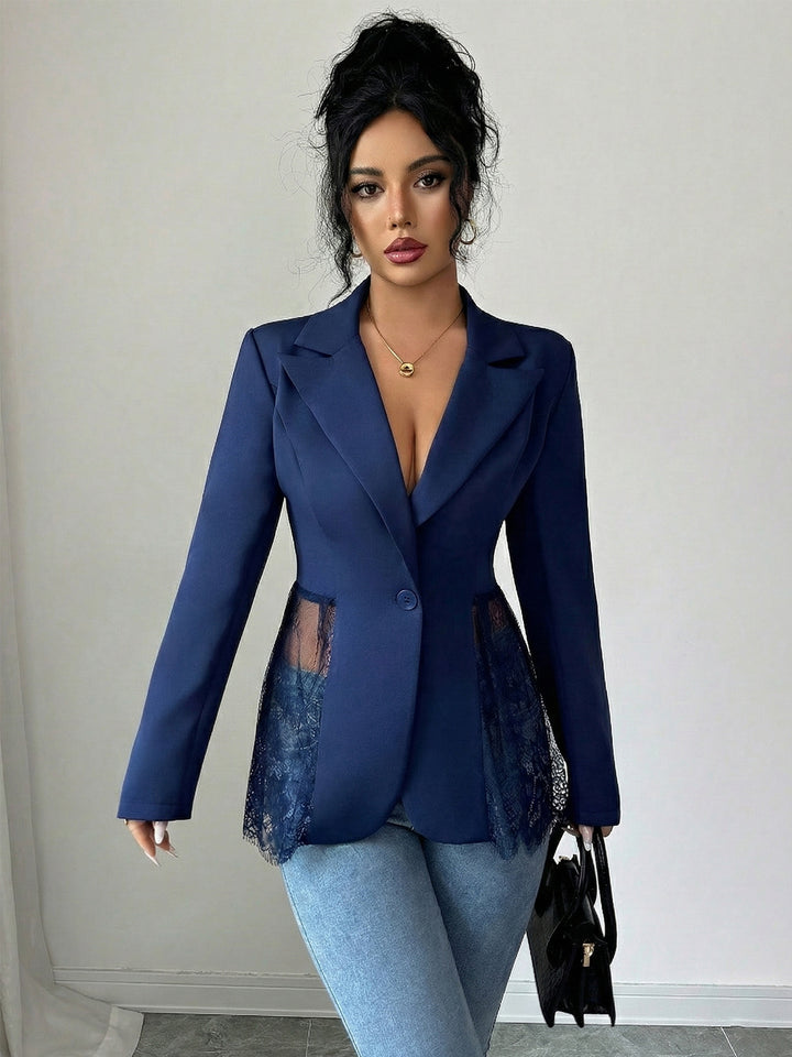 Damen nan taillierter Blazer mit Spitzenbesatz und tiefem V-Ausschnitt Drune