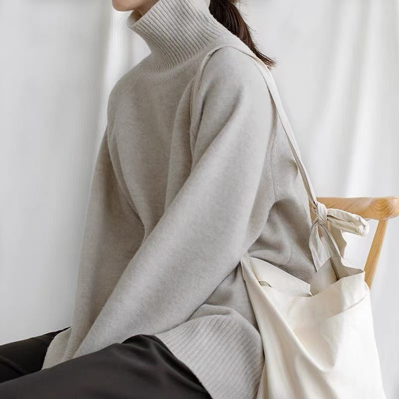 Damen Oversize Feinstrickpullover mit hohem Rollkragen und Seitenschlitzen Drune