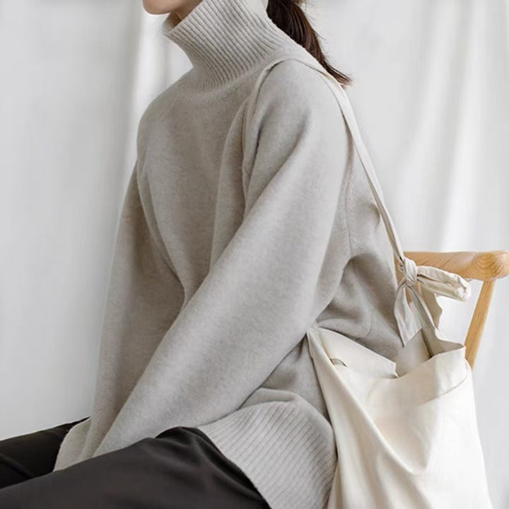 Damen Oversize Feinstrickpullover mit hohem Rollkragen und Seitenschlitzen Drune