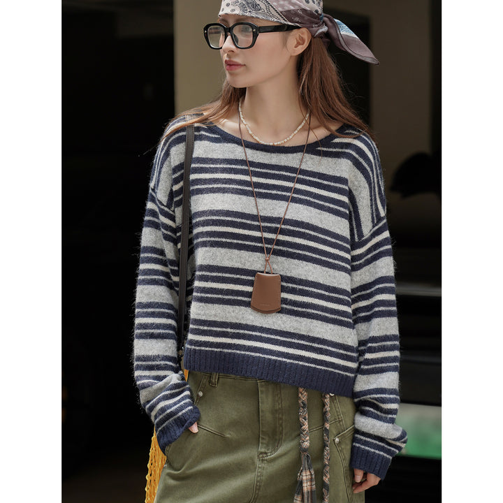 Damen Weicher Oversize-Streifenpullover mit U-Boot-Ausschnitt und Flauschoptik Drune