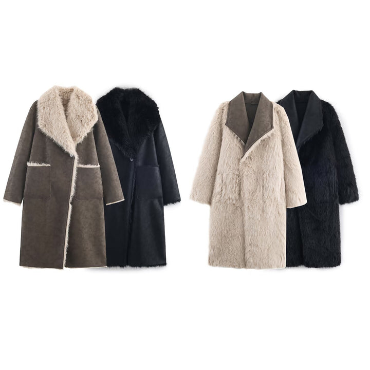 Damen Modischer Kunstpelz-Mantel mit elegantem Revers Drune