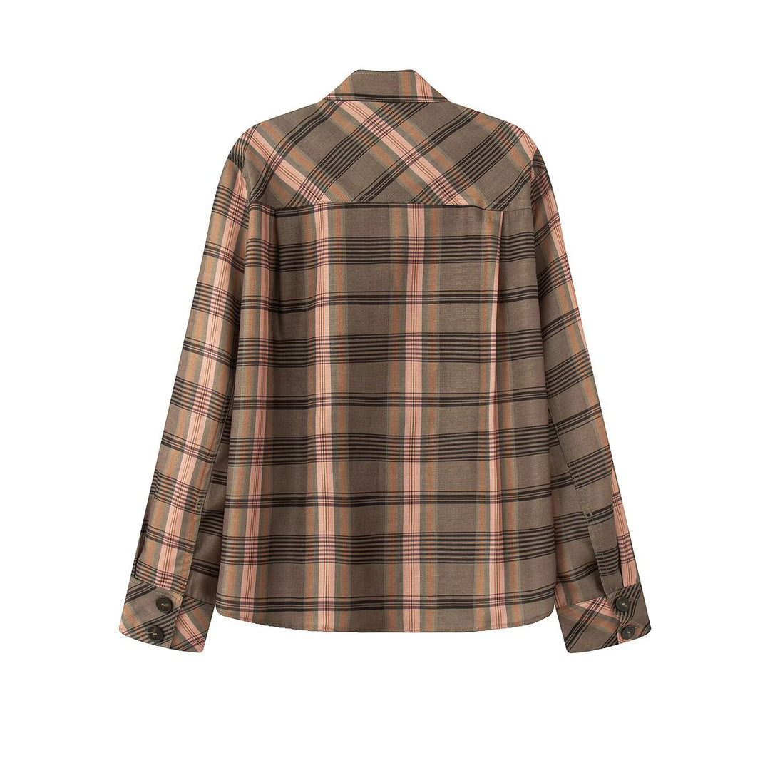 Damen Asymmetrische Cape-Bluse im Karo-Muster mit Stehkragen und Knopfverschluss Drune