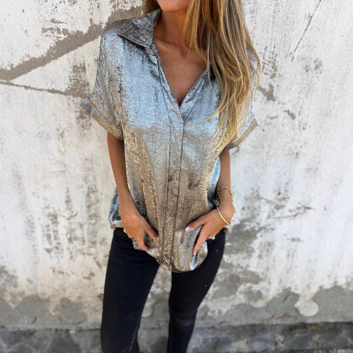 Damen Kurzarm-Seidenbluse mit elegantem Glanz und modischem Revers Drune