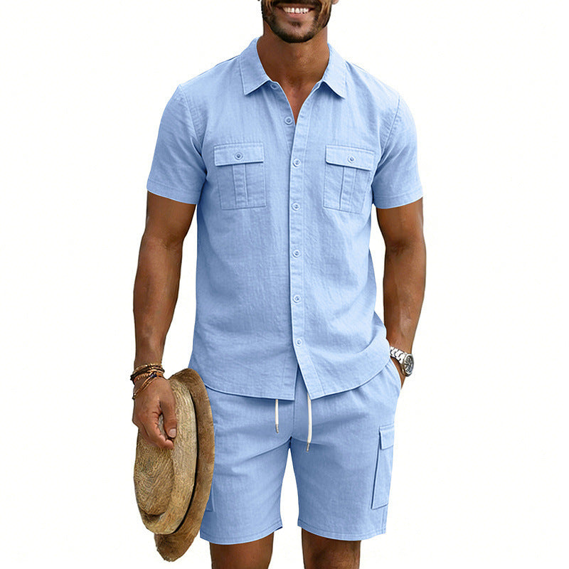 Herren nan sommerliches Freizeitset aus Baumwoll-Leinenmix mit Kurzarm-Hemd und Cargo-Shorts Drune