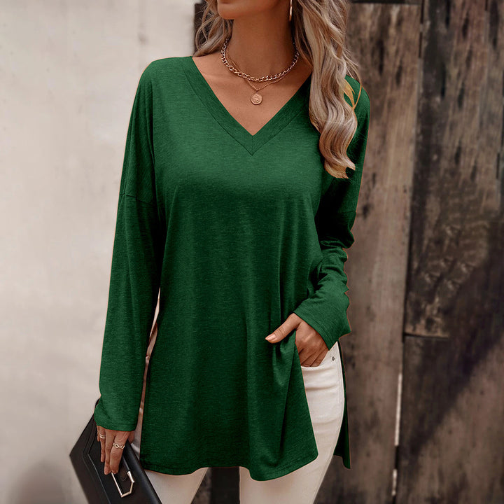 Damen lässige V-Neck Longsleeve-Tunika mit Seitenschlitzen und relaxed Fit Drune