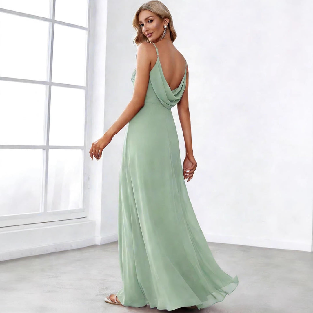 Damen nan fließendes Chiffon-Abendkleid mit überkreuzter Drapage, Empire-Taille und feinen Spaghettiträgern Drune