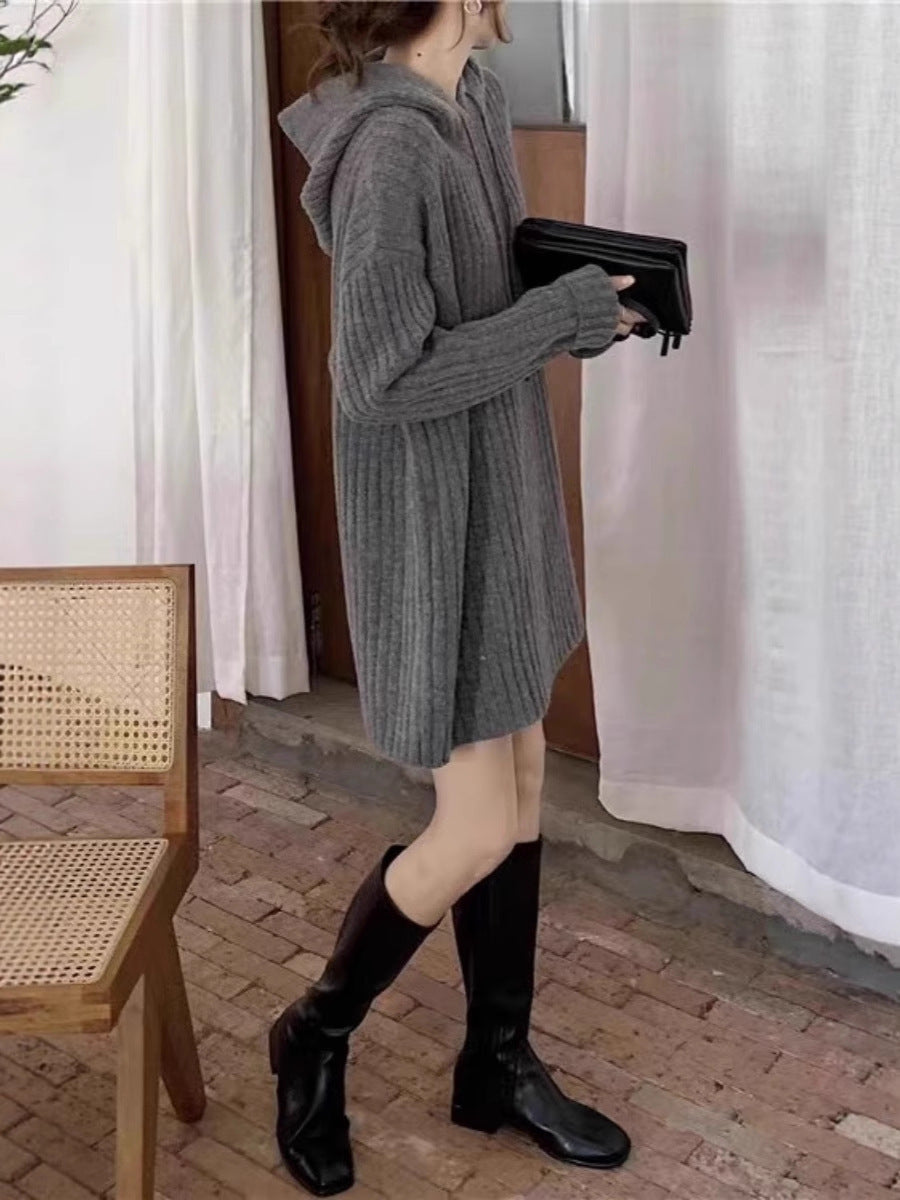 Damen Strick‑Kapuzenkleid mit gerippter Struktur und oversized Silhouette Drune