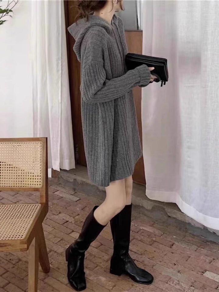 Damen Strick‑Kapuzenkleid mit gerippter Struktur und oversized Silhouette Drune
