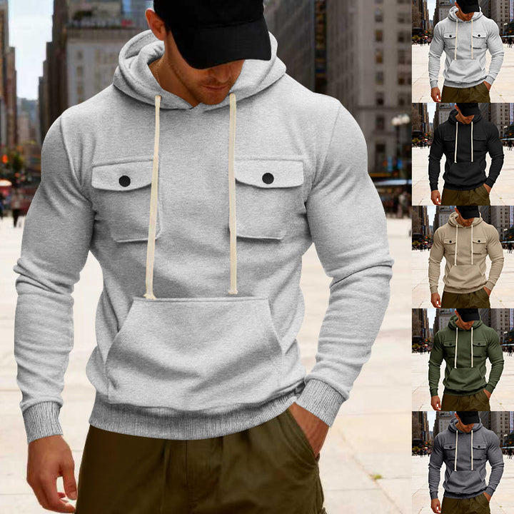 Herren nan urbaner Kapuzenpullover mit Brustklappen, Kängurutasche und athletischem Schnitt Drune