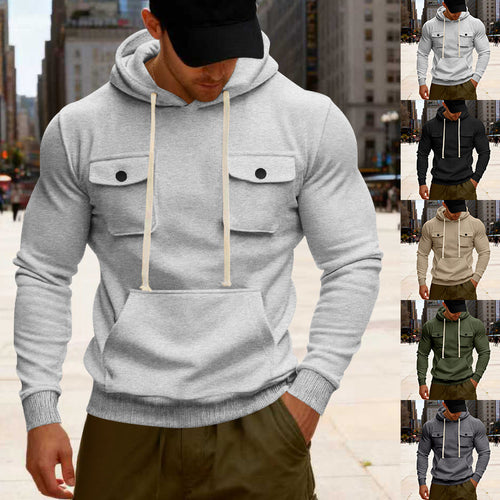 Herren nan urbaner Kapuzenpullover mit Brustklappen, Kängurutasche und athletischem Schnitt Drune